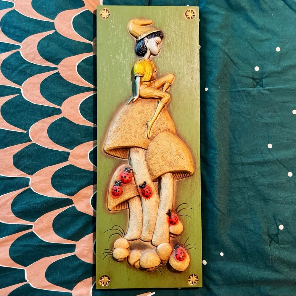 1970s Deadstock Burwood Products Co Arabesque Elves Mushroom Snail Wall Plaques - Picture 2 of 6